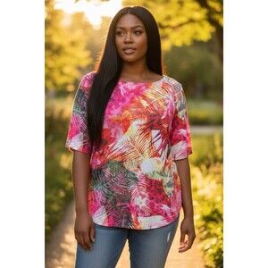 Cj Banks Women’s Shirt Short Sleeve Round Neck Floral Leaf Colorful Top Size 2X